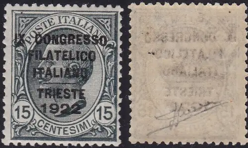 1922 Königreich Italien, Italienischer Philatelistischer Kongress, Nr. 124 15 Cent. grau MNH/** Zertifikat Sorani CENTRATO