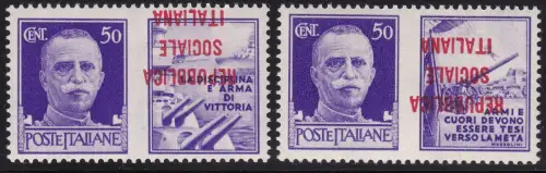 1944 Italienische Sozialrepubblica, PG Nr. 33Aaa/34Aaa 50 Cent. violett MNH/** UMGEDREHTER AUF VIGNETTE