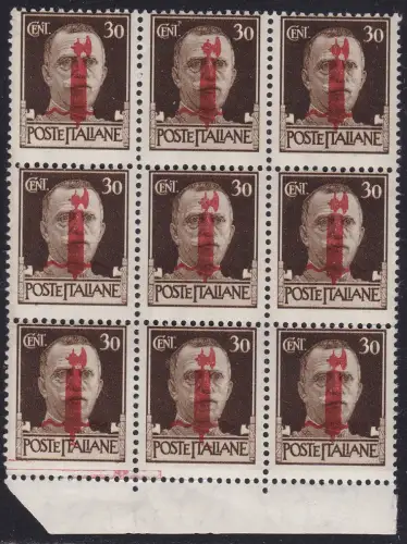 1944 Italienische Sozialrepubblica, Nr. 492s 30 Cent. braun 9er Block mit Abziehbild