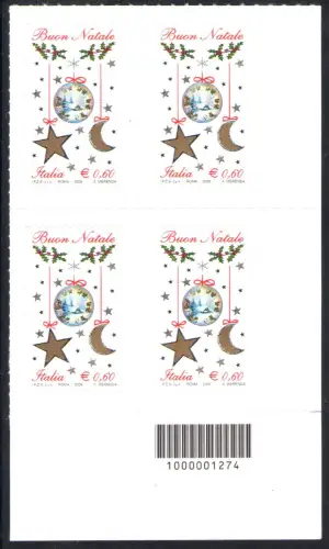 2009 Italienische Republik Barcodes Weihnachten Laico Quartina 1 Val Barcode Nr. 1274 MNH ** Il Più Raro 