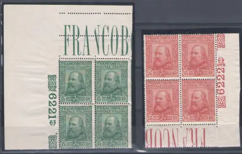 1910 Italien Königreich Giuseppe Garibaldi 5 Cent grün + 15 Cent karmin 2 Val Nr. 87/88 Quartina mit Tafelnummer