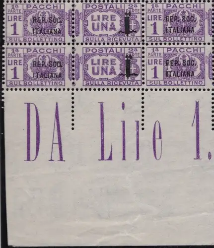 1944 Italienische Sozialrepubblica, Postpaket Nr. 42a+42 42c+42 1 Lira lila MNH/** 4er BLOCK