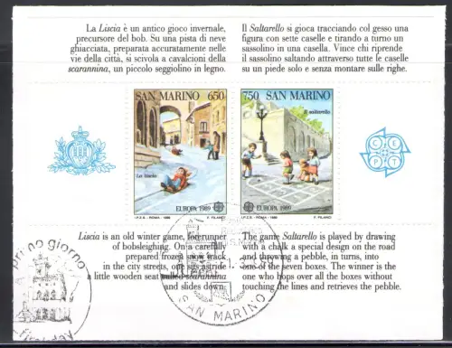 1989 San Marino Europa Kinderspiele Bf 43 gebraucht mit offizieller Annullierung und Erstausgabetag Bf 43