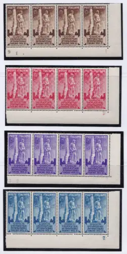 1932 Königreich Italien, Universitätsspiele, Nr. 341/344 Serie mit 4 Werten MNH** BLATTECKE mit Tisch- oder Zylindernummer