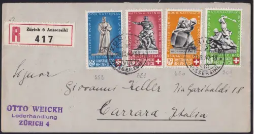 1940 SCHWEIZ, Pro Patria Zst 3/6 Erstausgabetag nach Carrara gereist