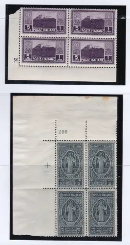 1929 Königreich Italien, Montecassino, Nr. 262/268 MNH/** 7-Wertserie in 4er-Blöcken mit Tabellennummer (Nr. 262 einzeln)