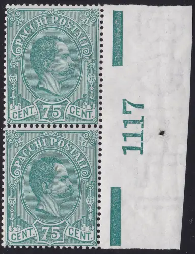 1884 Königreich Italien, Postpaket Nr. 4 Paar postfrisch ** mit Tafelnummer in der Mitte - RAR