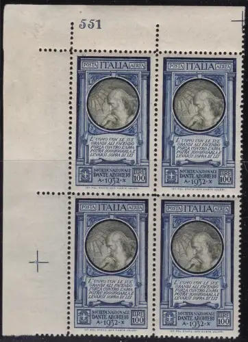1932 Königreich Italien - Luftpost Nr. 41 - MNH ** - 100 Lire VIERTEL MIT TISCHNUMMER