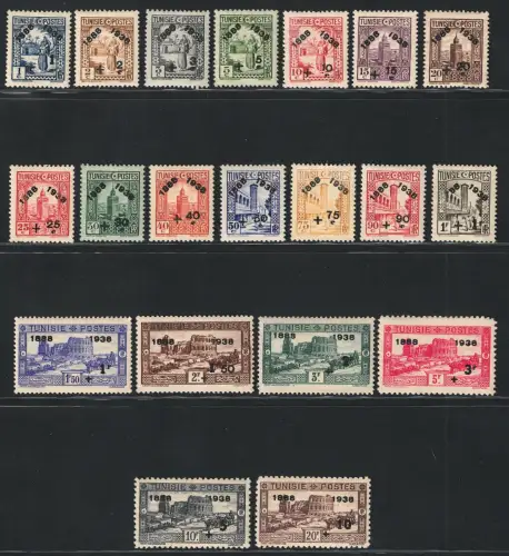 1938 Tunesien, Yvert # 185/204, Hundertjahrfeier Tunesisches Postamt, postfrisch **