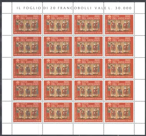 2000 Vatikan, 1 Kleinbogen mit 20 Werten, Island Nr. MF 1193 - POSTFRISCH **