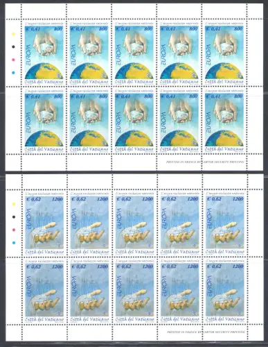 2001 Vatikan, 2 Miniblätter mit 10 Werten, Europa Wasser Nr. MF 1235/36 - POSTFRISCH **