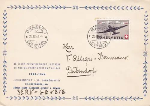 1944 SCHWEIZ, Zum. PA 40 auf Ersttagsbrief SONDERFLUG