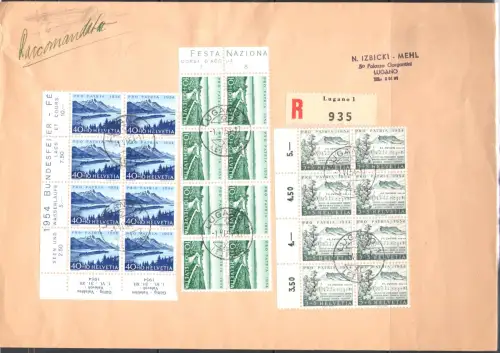 1954 SCHWEIZ, Pro Patria Zum. 66/70 Achterblock auf 2 großen Umschlägen