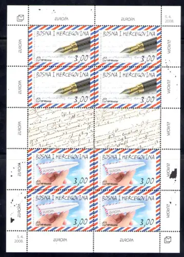 2008 EUROPA CEPT Bosnien-Herzegowina Kroatien, Der Brief, 1 Kleinbogen mit 4 Serien + Anhang, postfrisch **
