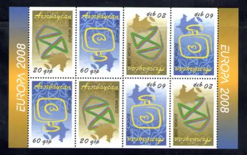 2008 EUROPA CEPT Aserbaidschan, 4 Val paarweise ungezähnt oben und unten, aus Booklet, La Lettera, MNH **