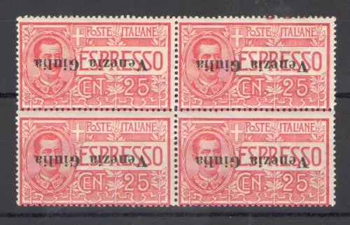 1919 Venezia Giulia - Espresso n. 1. AUFDRUCK UMGEDREHT -SPLENDIDA Quartina MNH **