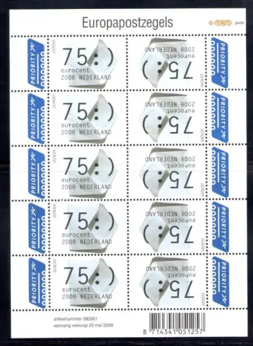 2008 EUROPA CEPT Niederlande, 1 Kleinbogen mit 10 Werten, postfrisch**