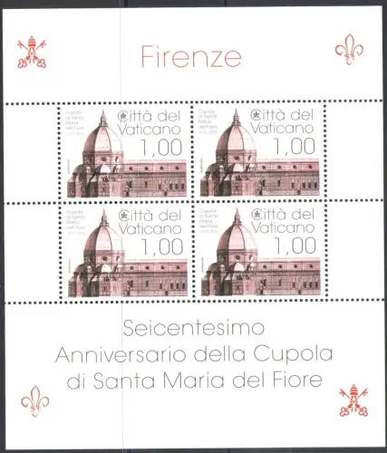 2018 Vatikan, Minifoglio Nr. 1797, 600. Jubiläum Kuppel von Santa Maria del Fiore, neu und einwandfrei - postfrisch **