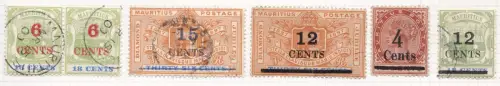 1899-02 MAURITIUS SG Nr. 134(2) / 135,137, 156,163 6 Werte überdruckt GEBRAUCHT