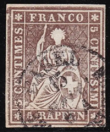 1854-55 SCHWEIZ, Nr. 26c 5 r. braun signiert Raybaudi