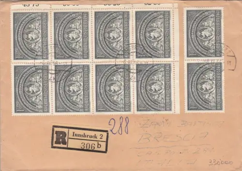 1952 ÖSTERREICH, Nr. 816 8er Block, eingeschrieben von Innsbruck nach Brescia (Italien)
