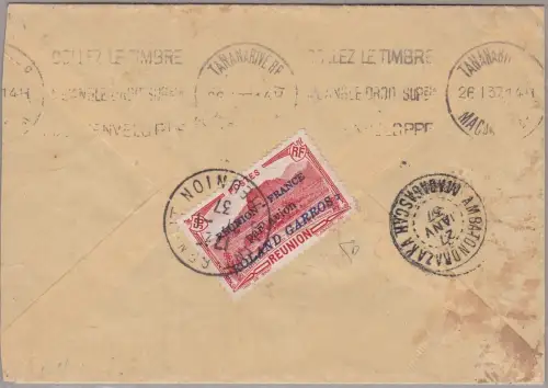 1937 REUNION, Yvert PA Nr. 1 Post mit Zwischenstopps bei der Abfahrt von Réunion CS auf 4 Linien Firma E. Diena