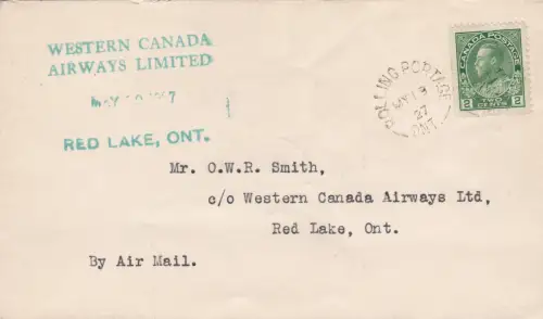 1927 CANADA - FIRST FLIGHT Rolling Portage - Red Lake auf Brief mit Sonderstempel Muller 58