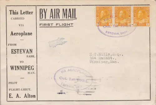 1924 KANADA - FIRST FLIGHT Estevan-Winnipeg auf vorbereitetem Brief mit Sonderstempel Müller 26