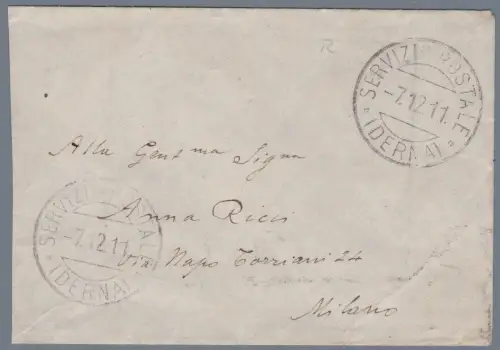 1911 LIBYEN Reisebrief vom 7.12.1911 von Derna nach Mailand mit Annullierung TYP 1