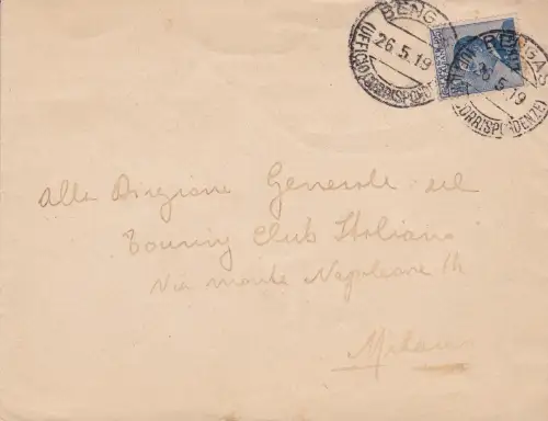 1919 LIBYEN, Nr. 7 25 Cent. hellblau isoliert auf Brief REISE NACH MAILAND