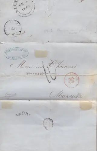 1853 MALTA Brief aus Alexandria von Ägypten nach Marseille Annullierung Malta Lazzaretto