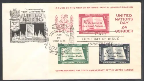 1955 VEREINIGTE NATIONEN, Zettel Nr. 1 auf Ersttagsumschlag, gebraucht