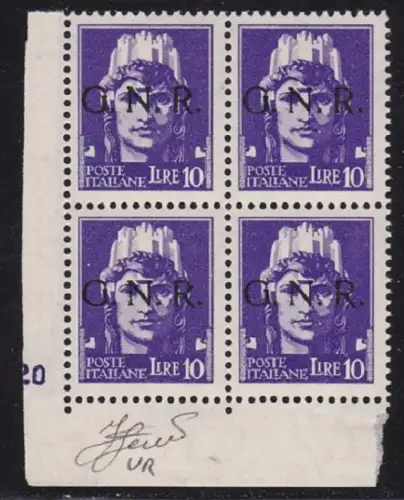 1944 RSI Nr. 486 10 Lire violett MNH / ** VIERTEL TISCHNUMMER Signiert Olive