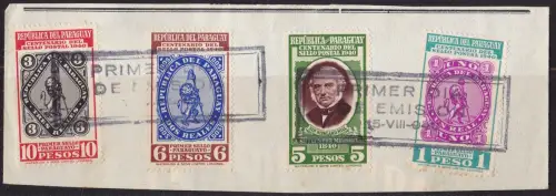 1940 PARAGUAY, n. 398/401 Hundertjahrfeier der Briefmarke STORNIERUNG ERSTER TAG
