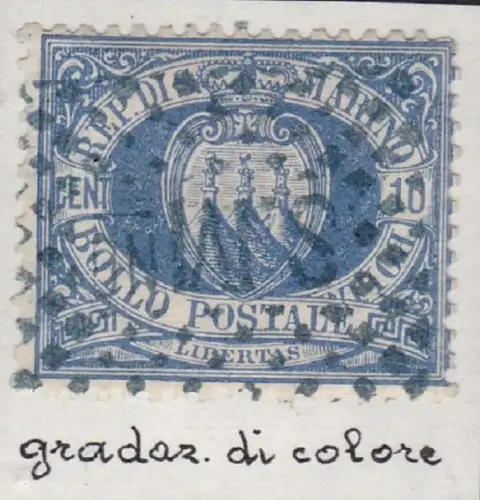 1877 SAN MARINO, Nr. 3 5c. su 10c. GEBRAUCHT WUNDERSCHÖNER FARBABLAUF