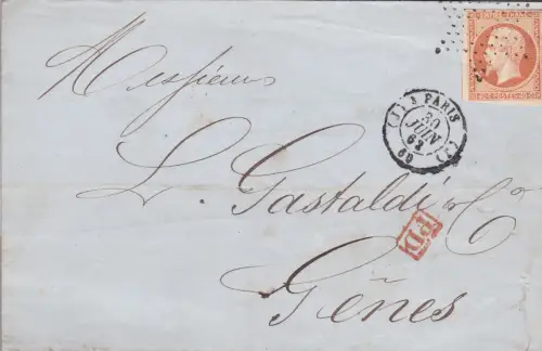 1862 FRANKREICH, 40c. Nr. 16 auf Brief nach Genua mit Sternstempel