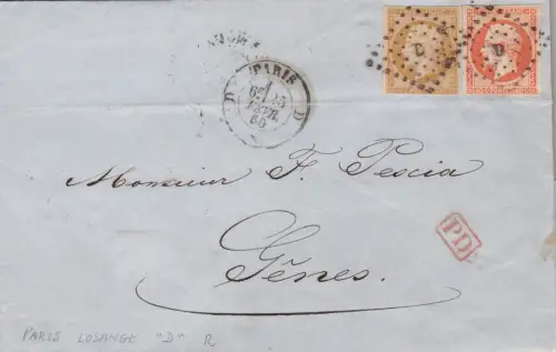 1860 FRANKREICH, Brief von Paris nach Genua frankiert mit Nr. 13 +16