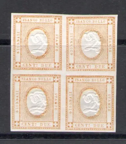 1862 Italien, Nr. 10 - 2 Cent Bistro, Prägeziffer, Viererblock - postfrisch **
