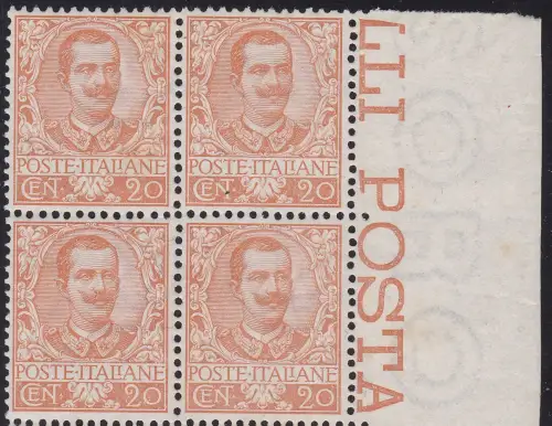 1901 ITALIEN - Nr. 72 Floreale 20 Cent. orange, Viererblock, postfrisch**