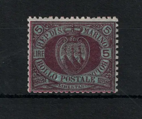 1892-94 SAN MARINO, Sächsischer Katalog #22, 5 Lire karmin auf dunkelgrün, postfrisch**