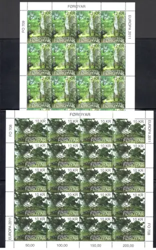 2011 EUROPA CEPT Faroer, 2 Miniblätter mit 20 Werten, Le Foreste, postfrisch **