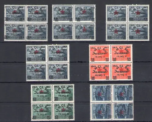 1945 ALBANIEN, Nr. 368/374 Serie mit 7 Werten im Viererblock, postfrisch**