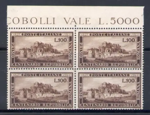 1949 Italien, Römische Serie, 100 Lire braun Nr. 600, postfrisch ** Viererblock