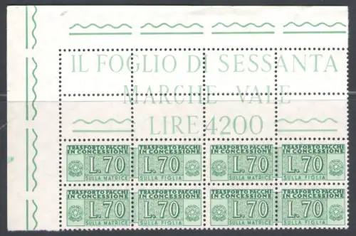 1966 Italien, Eckblock, Konzessionspakete 70 Lire grün Nr. 35 - postfrisch **