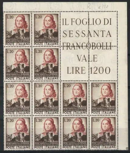 1951 Italien Republik, Eckblock von 12 Perugino # 14, postfrisch **