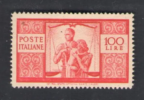 1946 Italien, 100 Lire dunkelkarmin, filigranes normales Rechtsrad Nr. 25D postfrisch **