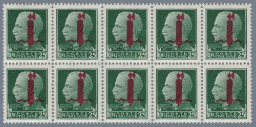 1944 RSI, Nr. 490 25c. grüner BLOCK VON 10 MNH ** Signiert Raybaudi auf jedem Wert