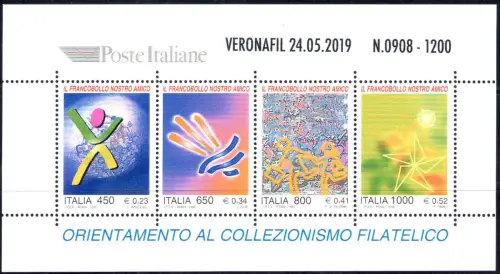 2019 Italien - Republik, Blatt BF 22A Briefmarke Unser Freund überdruckt Veronafil 24.05.2019 - Nr.0908 von 1200 Zertifikat De Simoni MNH **