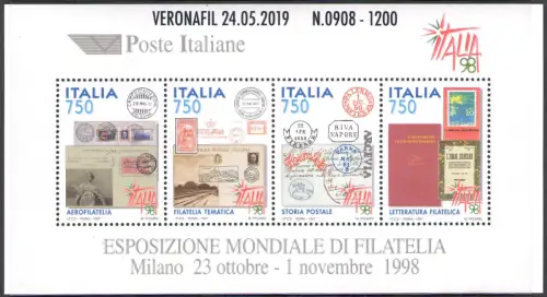 2019 Italien - Republik, Blatt BF 19A Ausstellung. Mondiale Philatelie überdruckt Veronafil 24.05.2019 - Nr.0908 von 1200 Zertifikat De Simoni MNH **