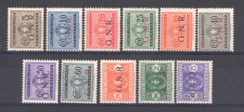 1943/44 Steuermarken, Aufdrucke G.N.R., Auflage von Brescia, komplette Serie 11val - 1-11 MNH ** Sorani-Zertifikat mit 5 Lire oben umgedreht!!!